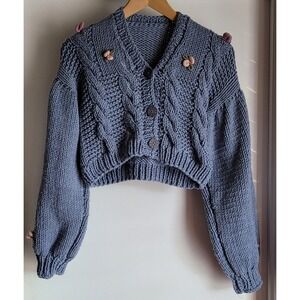 Hand Knitted by Myracle Women's Cropped Cardigan Blue Cable Knit Chunky Flowers